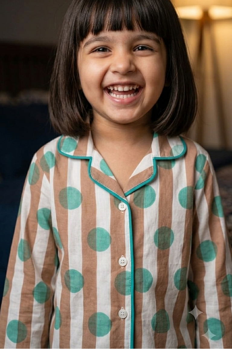 Light Brown Polkadot Nightsuits for kids| Unisex| Pure Cotton