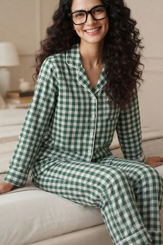 Green Check Nightsuit For Women| Pure Cotton