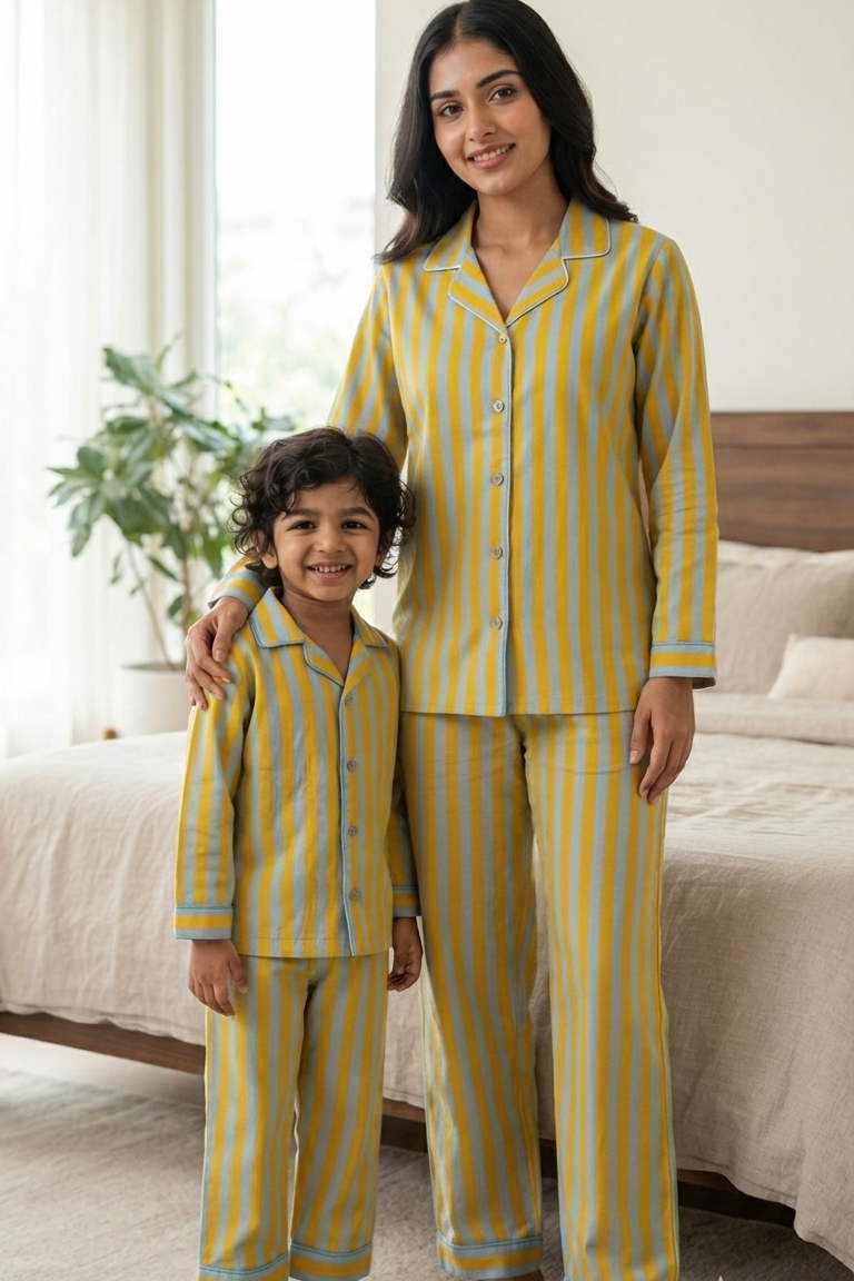 Yellow-Blue Twinning Nightsuit Sets For Mother &  Kids| Pure Cotton