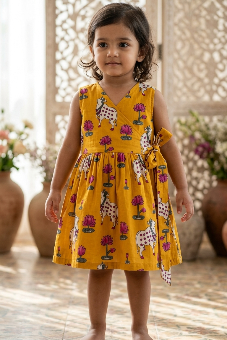 Mustard Pichwai Girls Dress| Pue Cotton