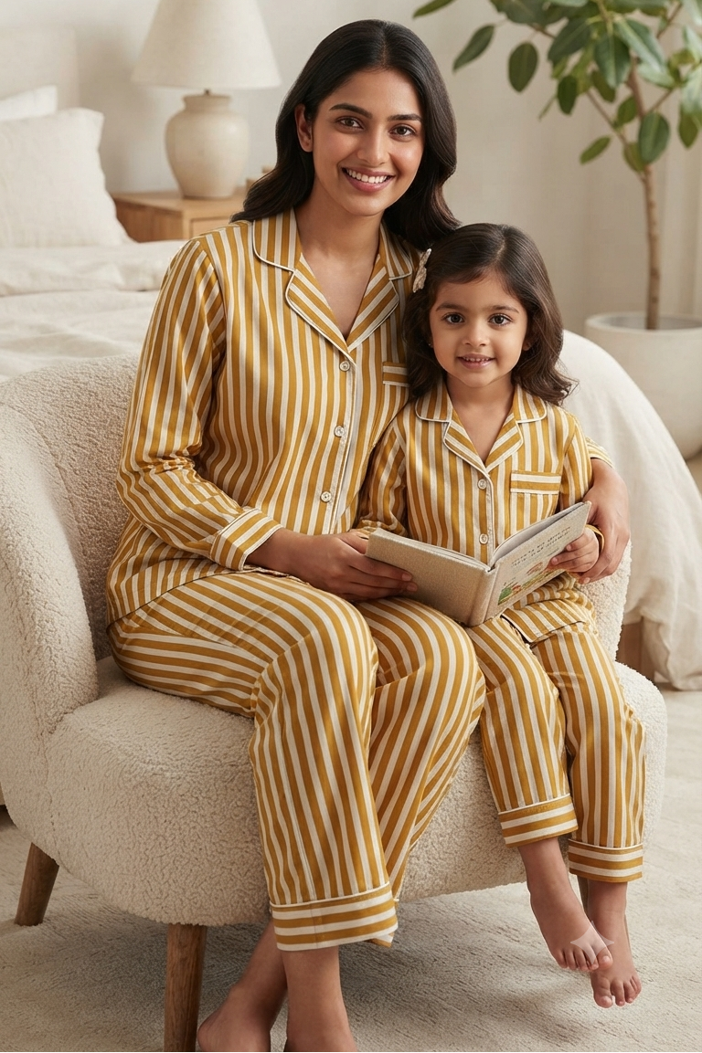 Mustard Strip Twinning Nightsuit Sets For Mother &  Kids| Pure Cotton
