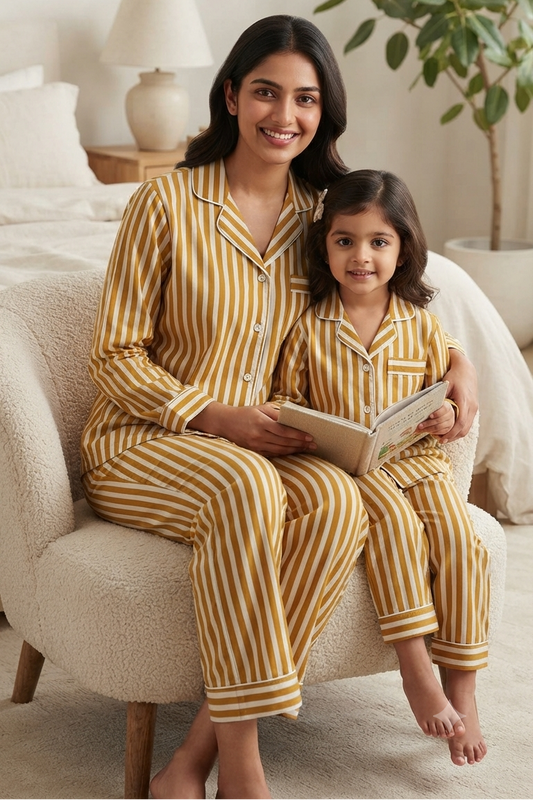 Mustard Strip Twinning Nightsuit Sets For Mother &  Kids| Pure Cotton