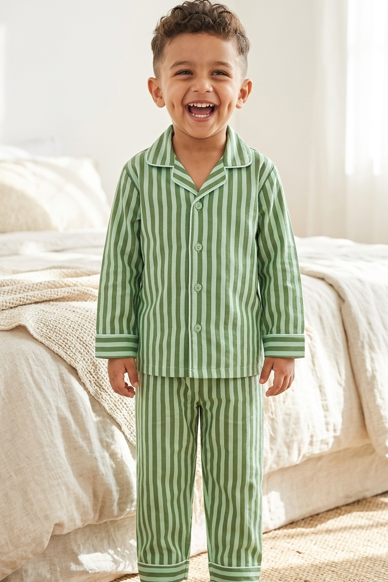 Olive Strip Nightsuits for kids| Unisex| Pure Cotton