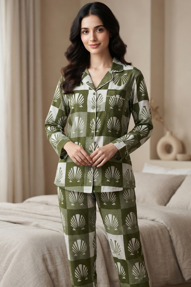 Green Shell Nightsuit For Women| Pure Cotton