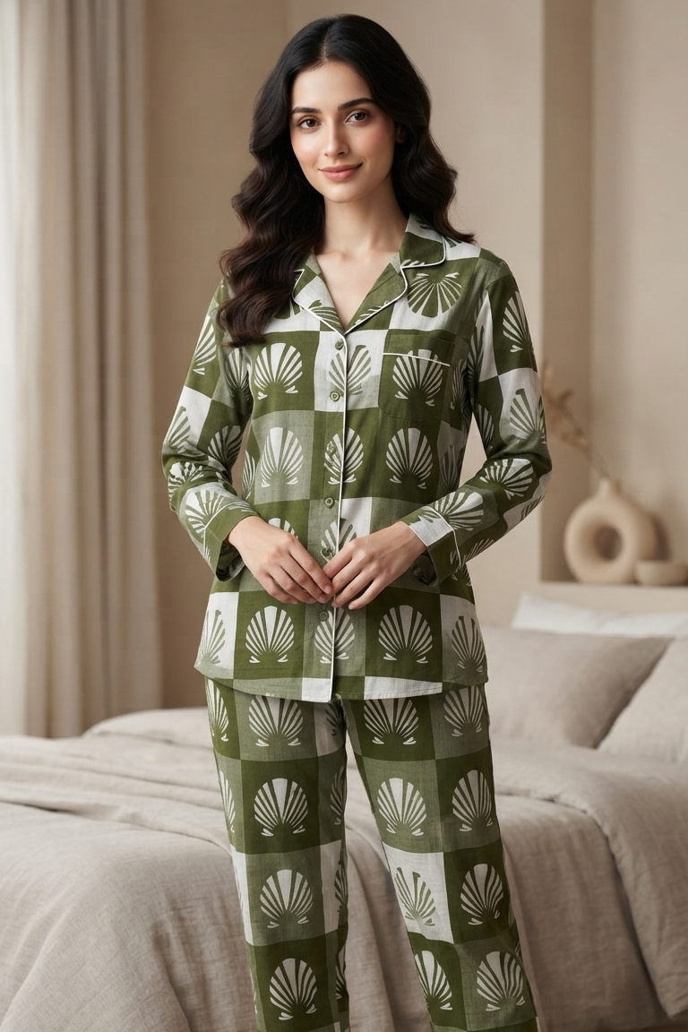 Green Shell Twinning Nightsuit Sets For Mother &  Kids| Pure Cotton