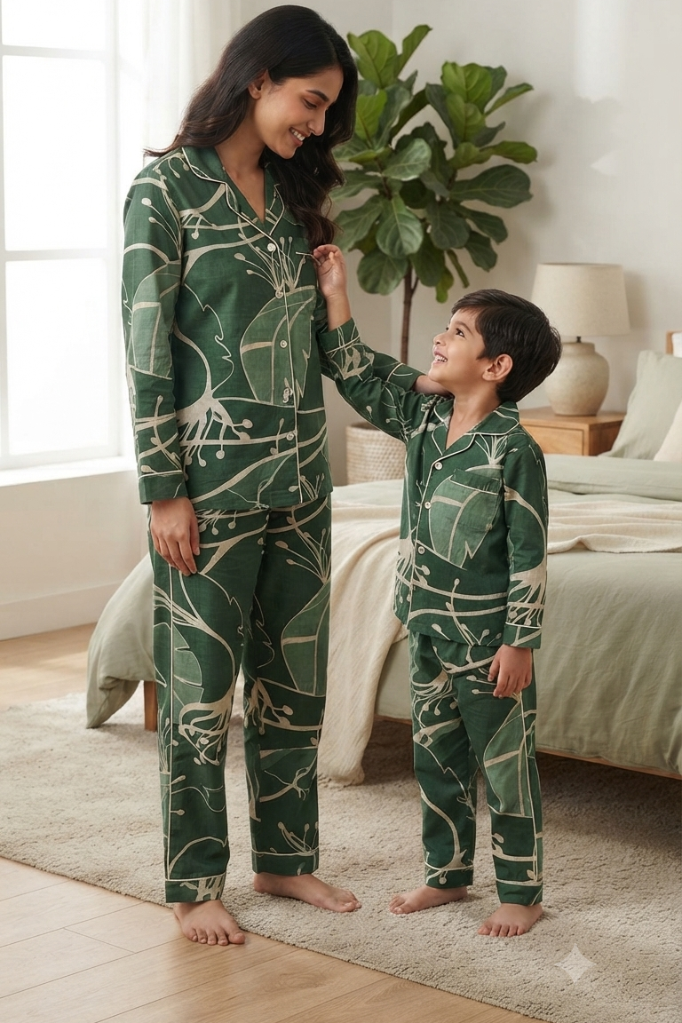 Green Floral Twinning Nightsuit Sets For Mother &  Kids| Pure Cotton