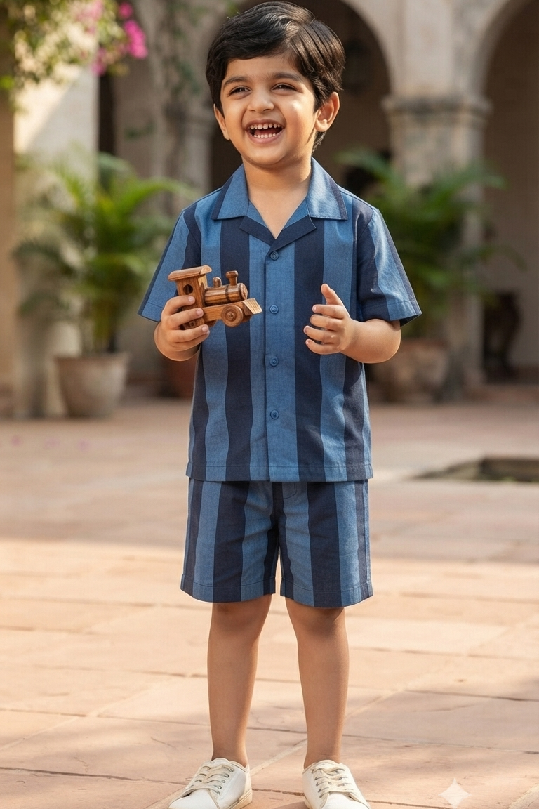 Blue Strip Co-ords Set for Boys| Pure Cotton