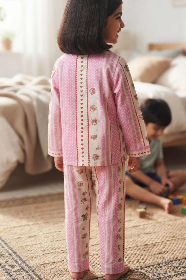Pink Floral Nightsuits for kids| Unisex| Pure Cotton