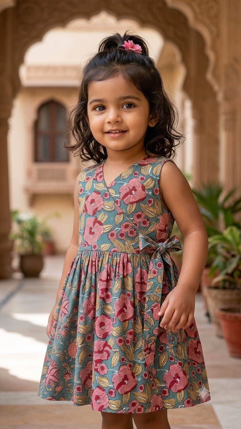 Blue Red Floral Girls Dress| Pue Cotton