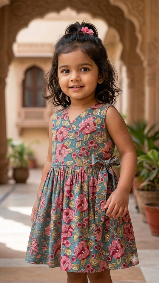 Blue Red Floral Girls Dress| Pue Cotton