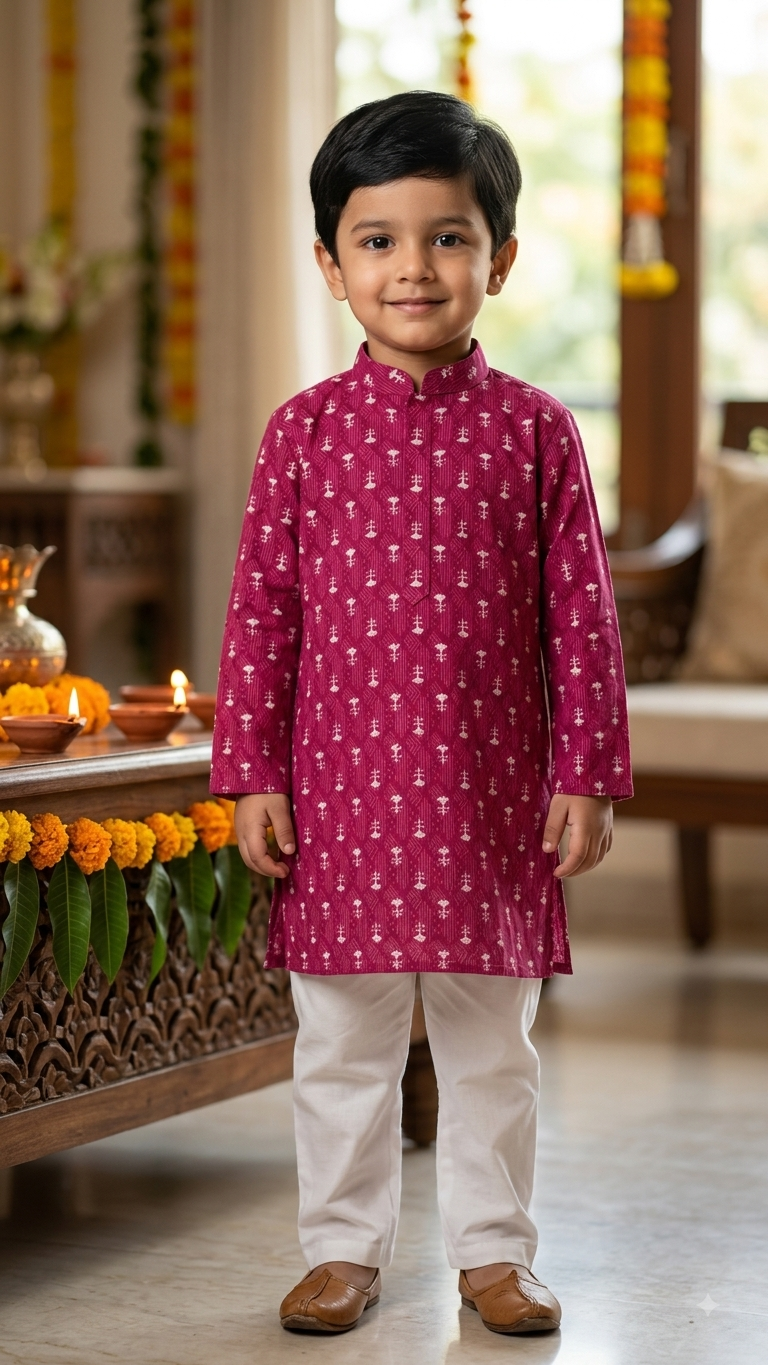 Pink Booti Kurta Pajama Sets for Boys|Pure Cotton