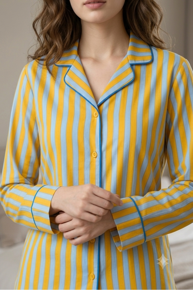 Yellow-Blue Strip Nightsuit For Women| Pure Cotton
