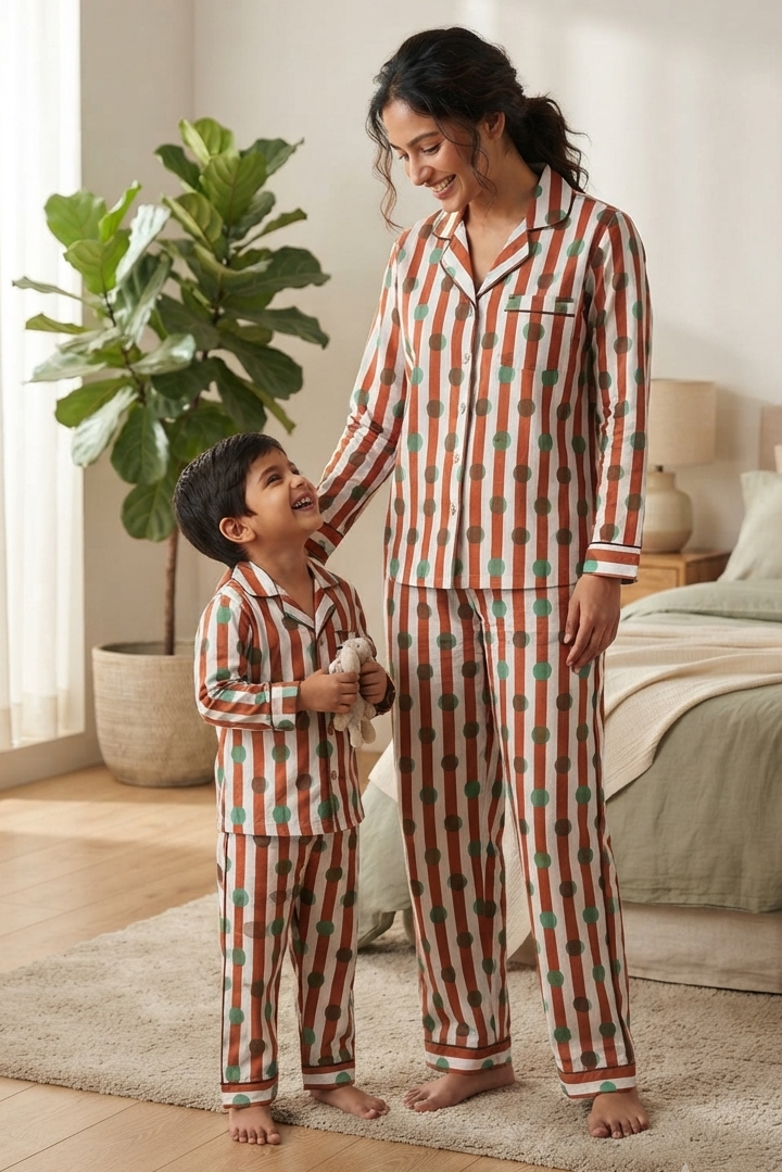 Brown  Polka Dot Twinning Nightsuit Sets For Mother &  Kids| Pure Cotton