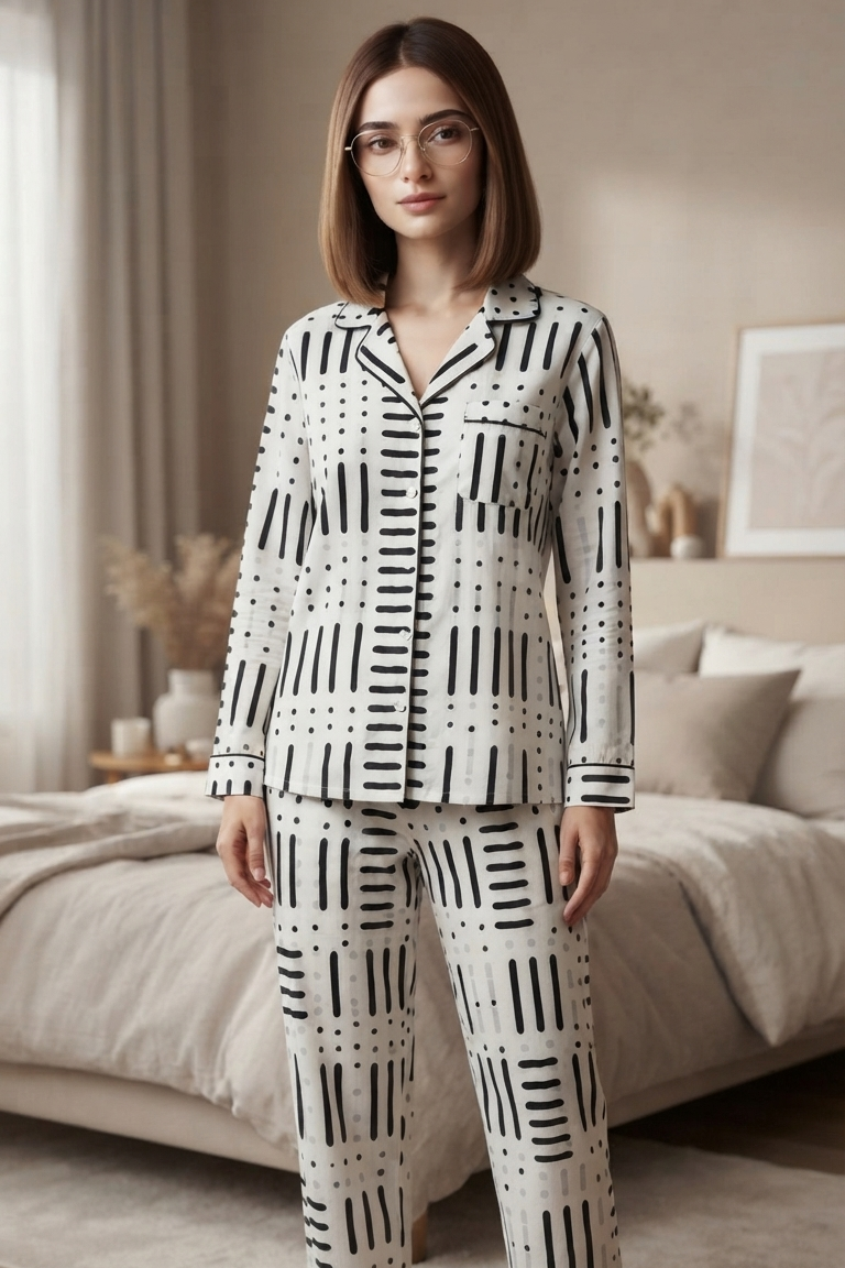 White Partywave Nightsuit For Women| Pure Cotton