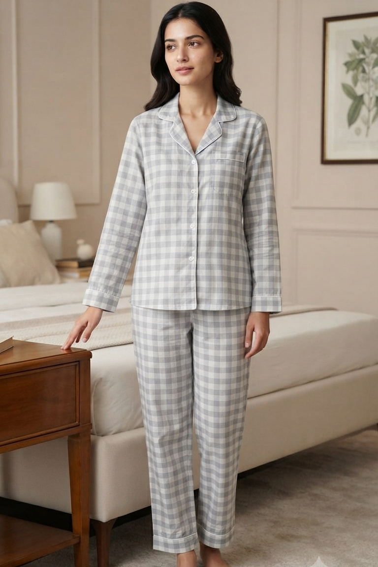 Grey Check Nightsuit For Women| Pure Cotton