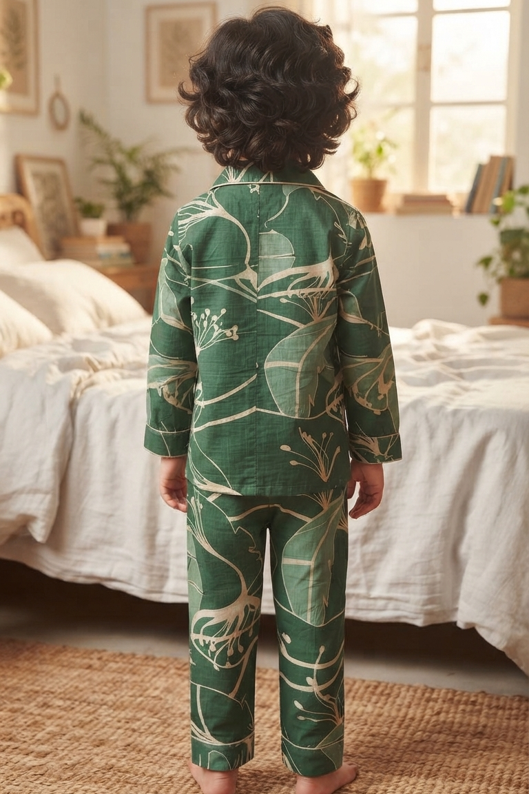 Green Floral Nightsuits for kids| Unisex| Pure Cotton