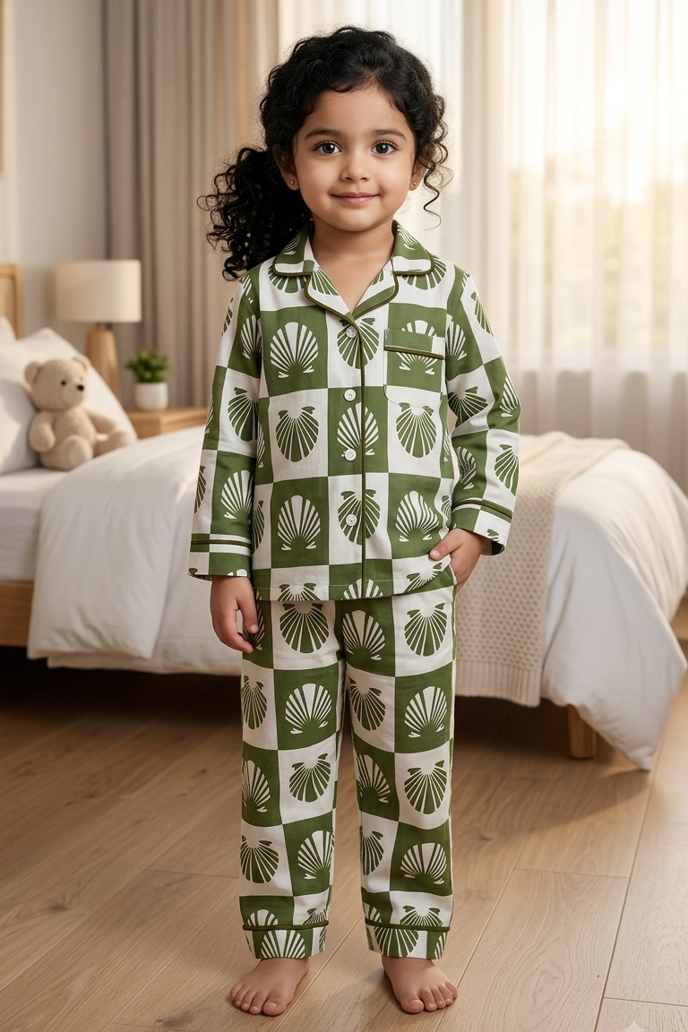 Green Shell Twinning Nightsuit Sets For Mother &  Kids| Pure Cotton