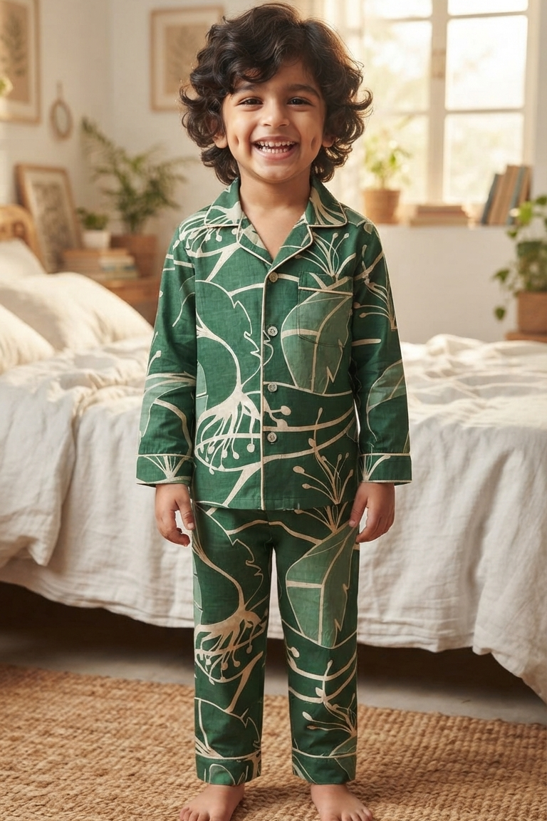 Green Floral Nightsuits for kids| Unisex| Pure Cotton