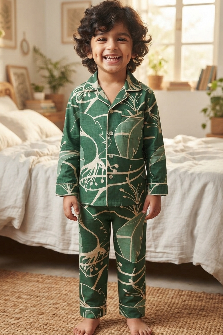 Green Floral Twinning Nightsuit Sets For Mother &  Kids| Pure Cotton