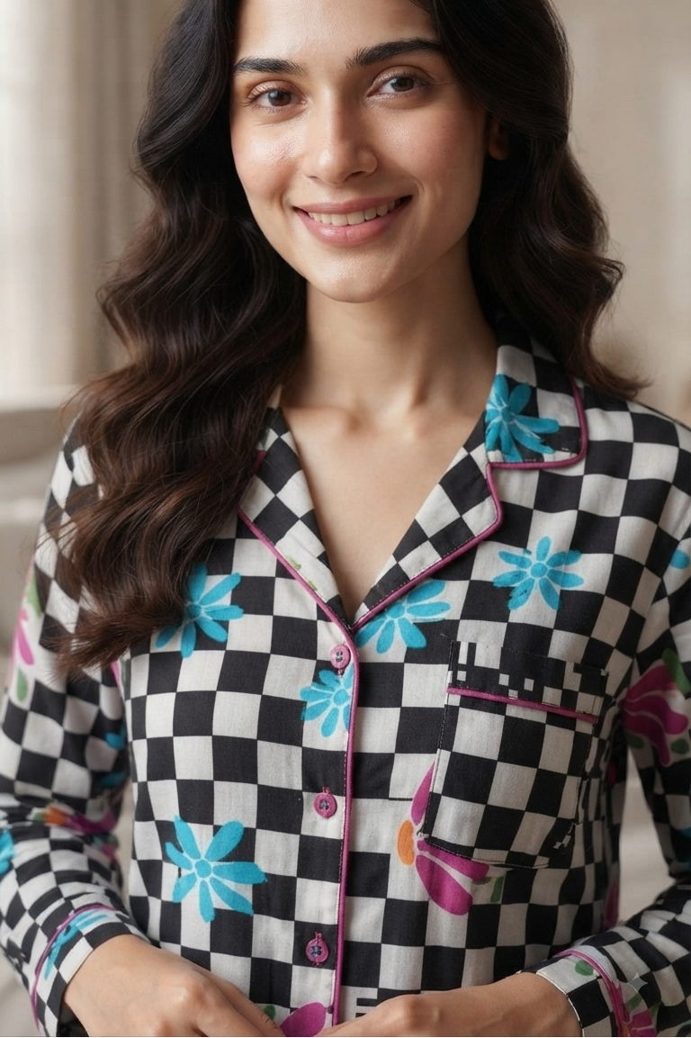 Black Checkerboard Nightsuit For Women| Pure Cotton