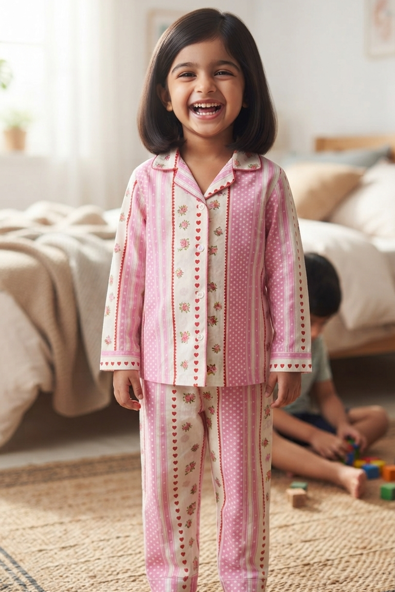 Pink Floral Twinning Nightsuit Sets For Mother &  Kids| Pure Cotton
