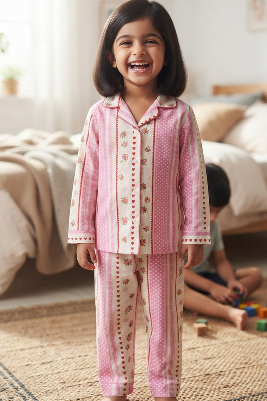 Pink Floral Nightsuits for kids| Unisex| Pure Cotton