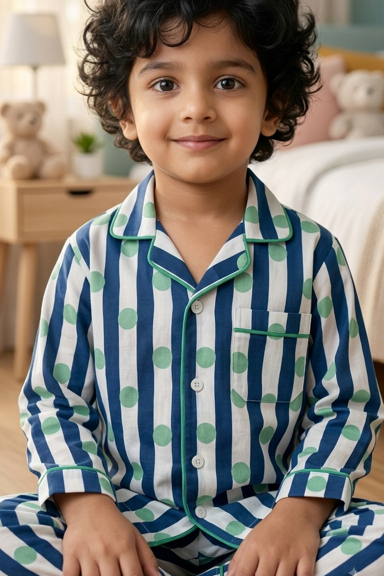 Blue Polka Dot Nightsuits for kids| Unisex| Pure Cotton