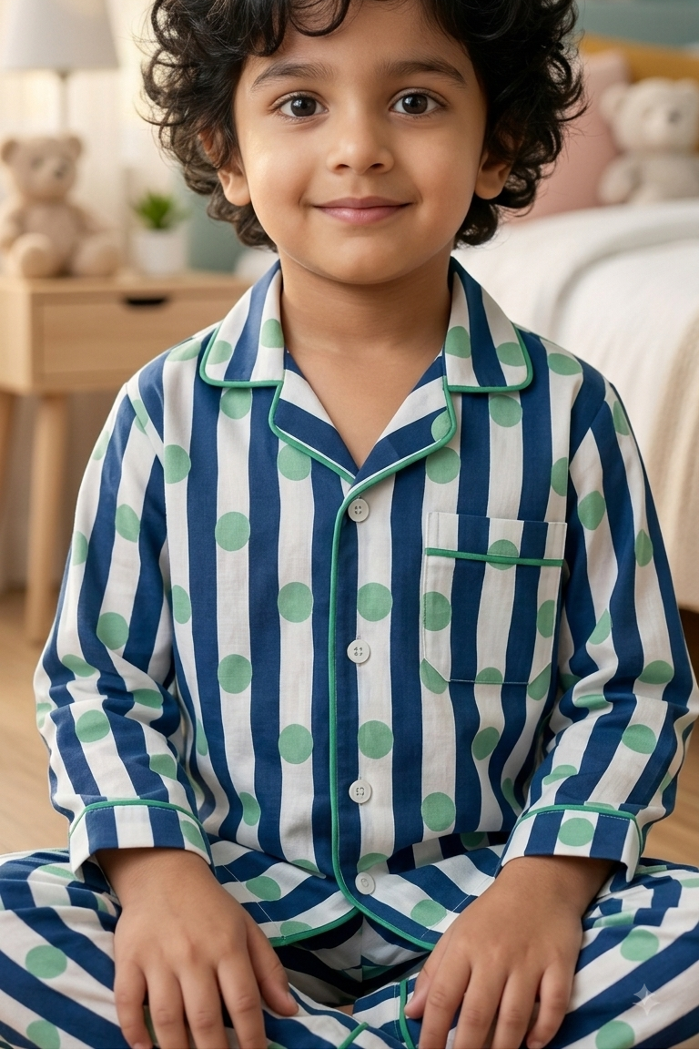Blue Polka Dot Twinning Nightsuit Sets For Mother &  Kids| Pure Cotton