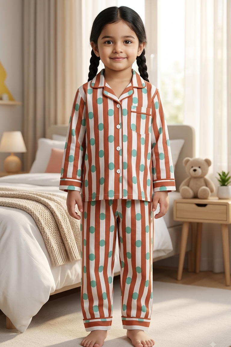 Brown Polka Dot Nightsuits for kids| Unisex| Pure Cotton