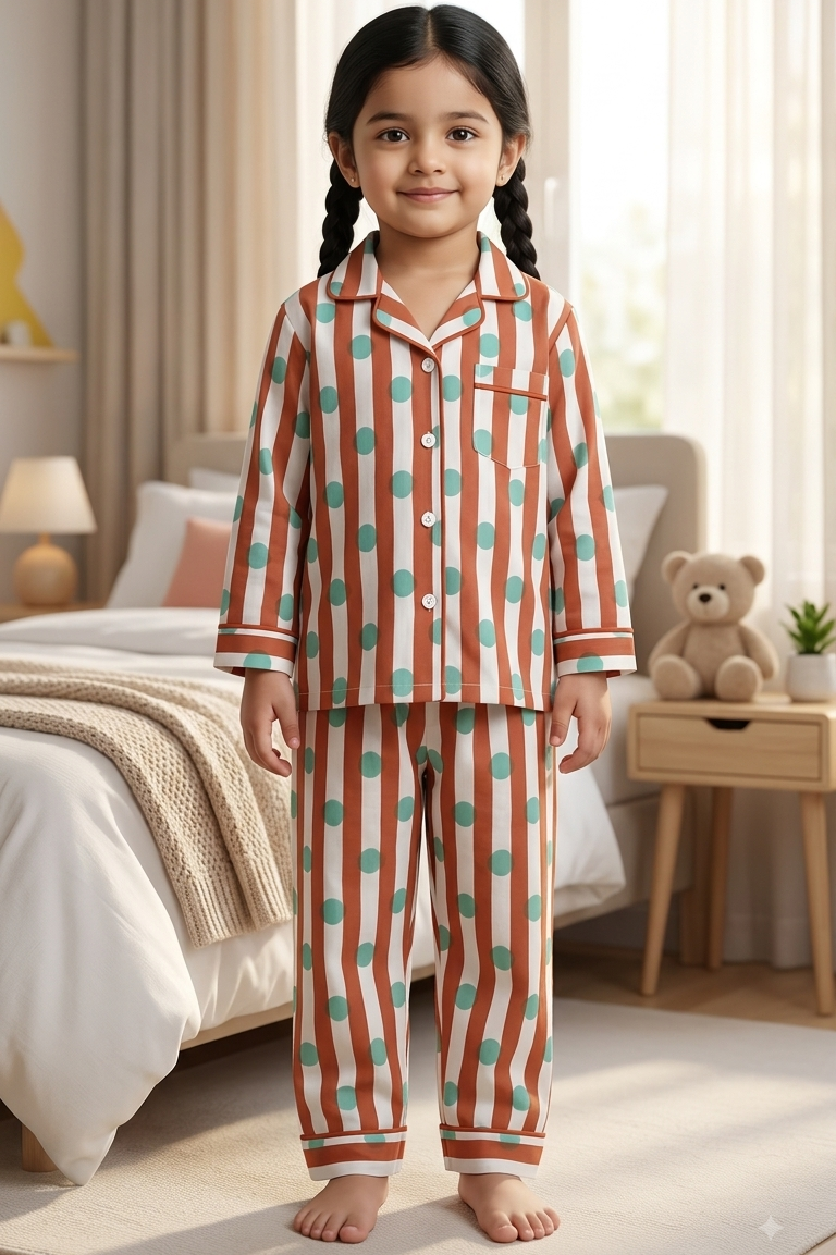 Brown  Polka Dot Twinning Nightsuit Sets For Mother &  Kids| Pure Cotton