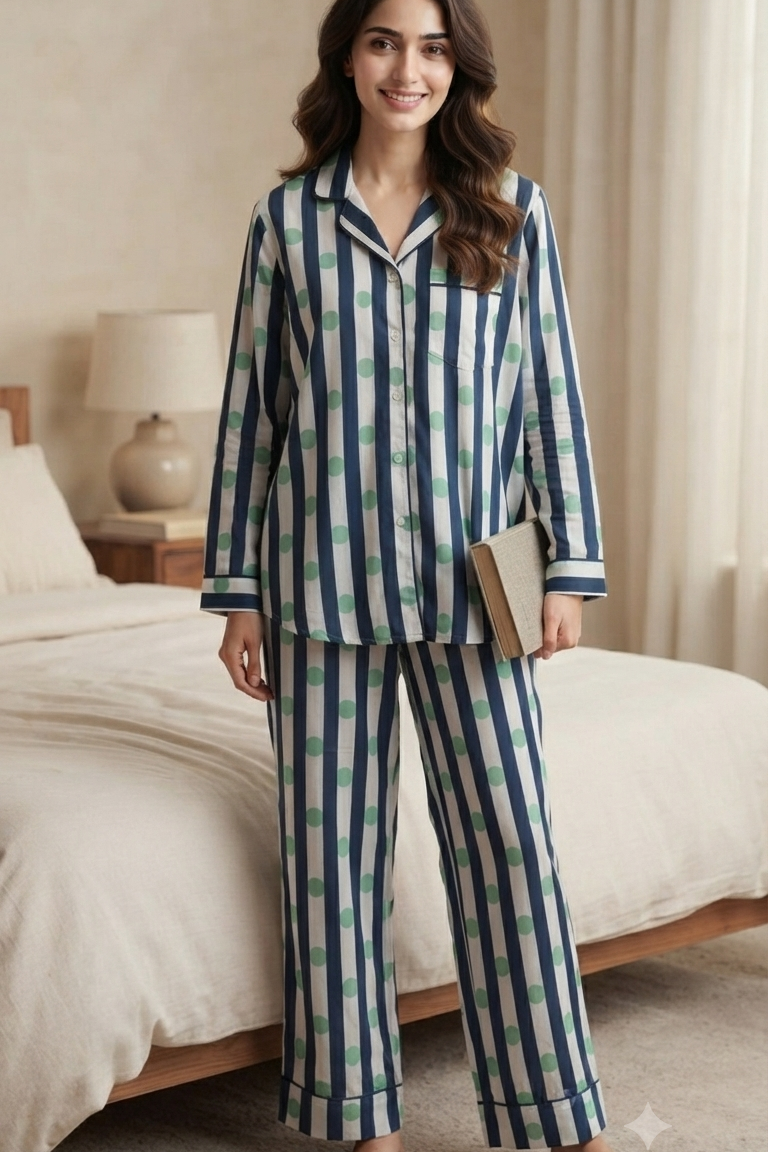 Blue Polka dot Nightsuit For Women| Pure Cotton