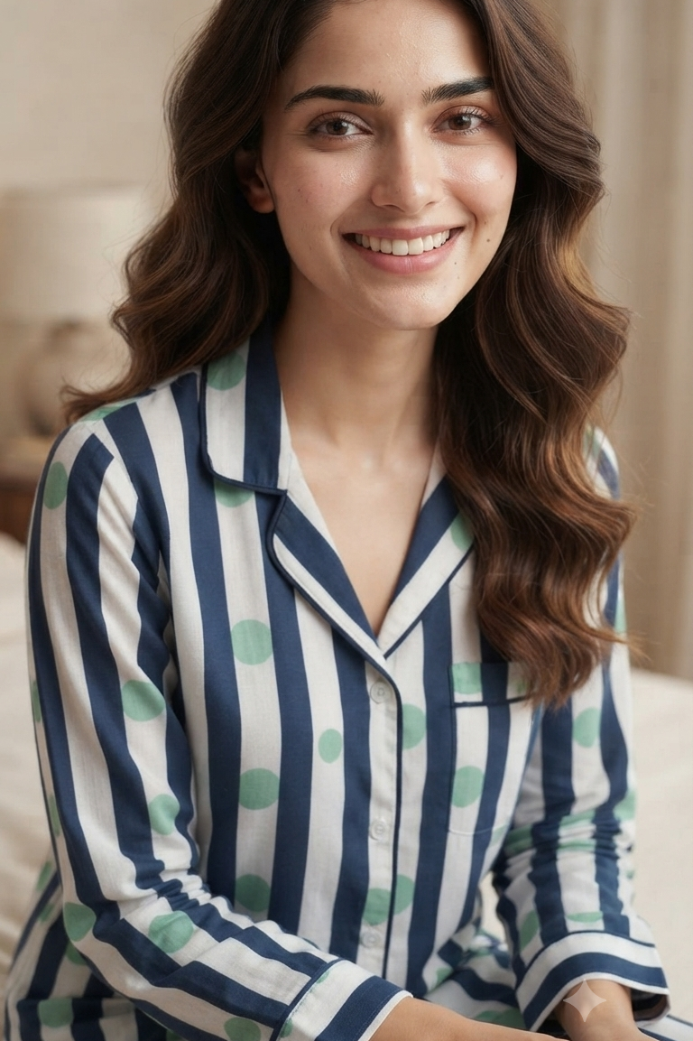 Blue Polka dot Nightsuit For Women| Pure Cotton
