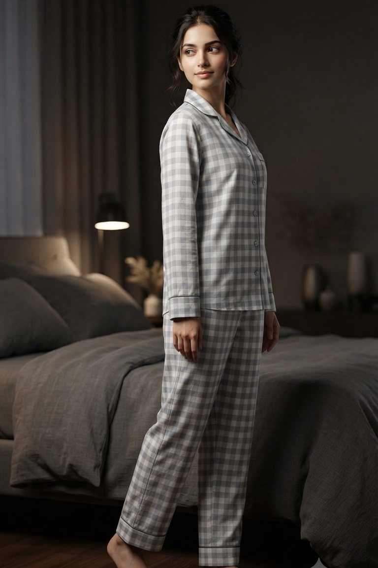 Grey Check Nightsuit For Women| Pure Cotton