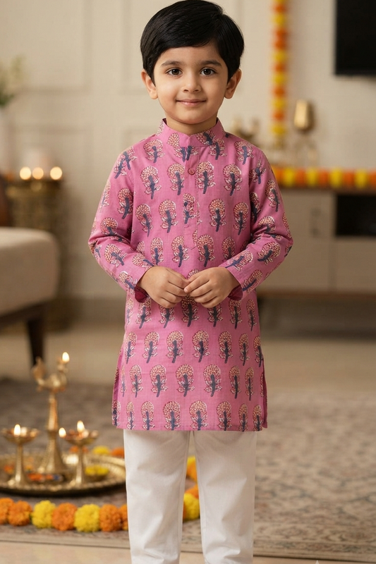 Pink Boota Kurta Pajama Sets for Boys| Pure Cotton