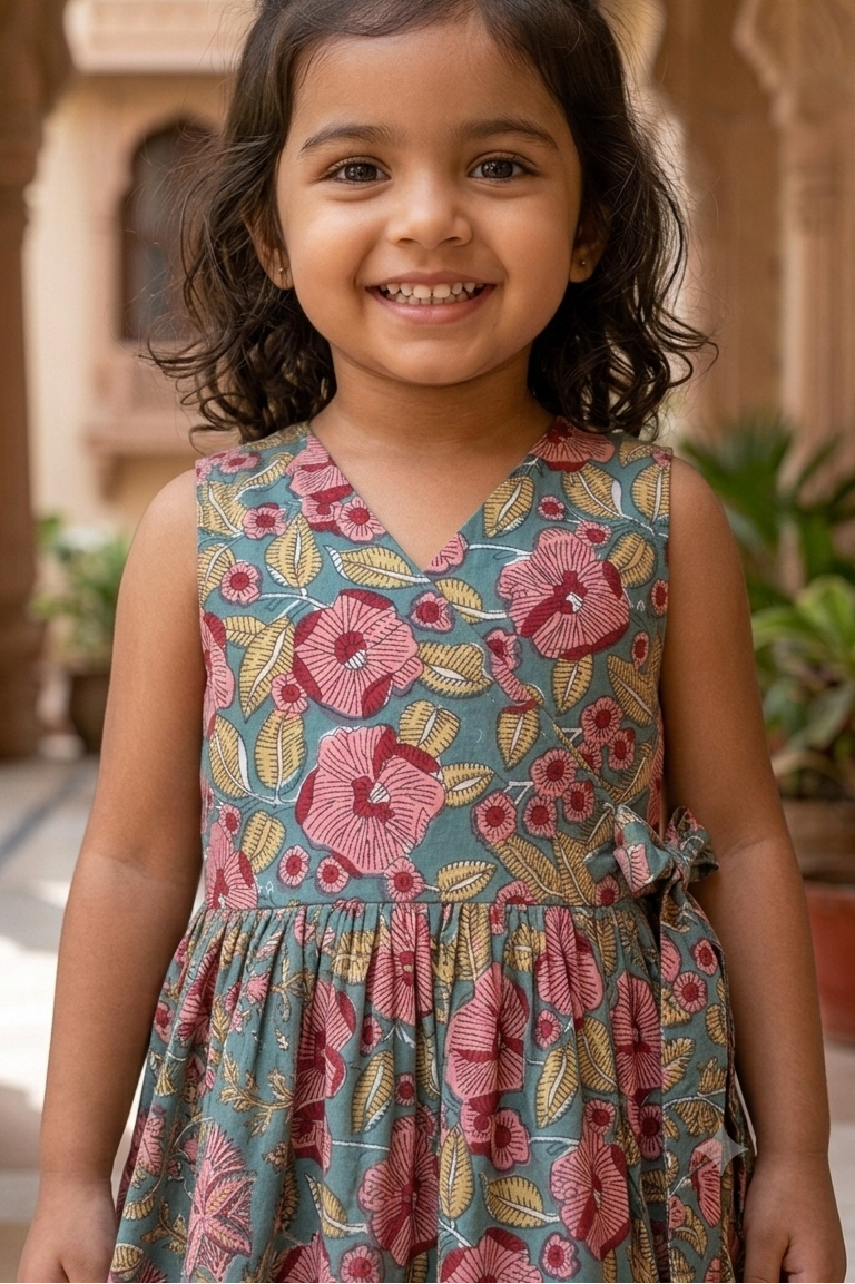 Blue Red Floral Girls Dress| Pue Cotton