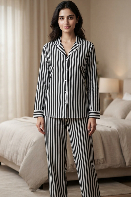 Black  Strip Nightsuit For Women| Pure Cotton