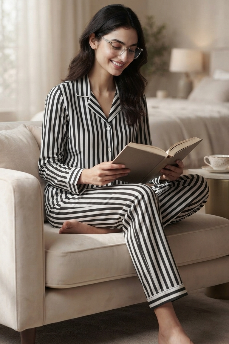 Black  Strip Nightsuit For Women| Pure Cotton
