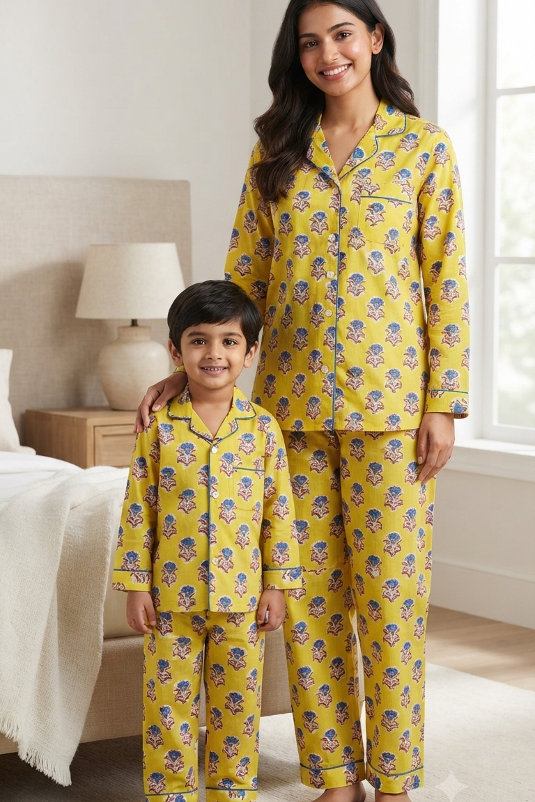 Yellow Boota Twinning Nightsuit Sets For Mother &  Kids| Pure Cotton