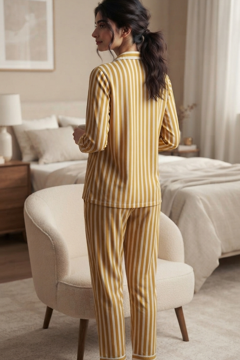 Mustard Strip Nightsuit For Women| Pure Cotton