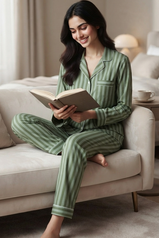 Olive Green  Strip Nightsuit For Women| Pure Cotton
