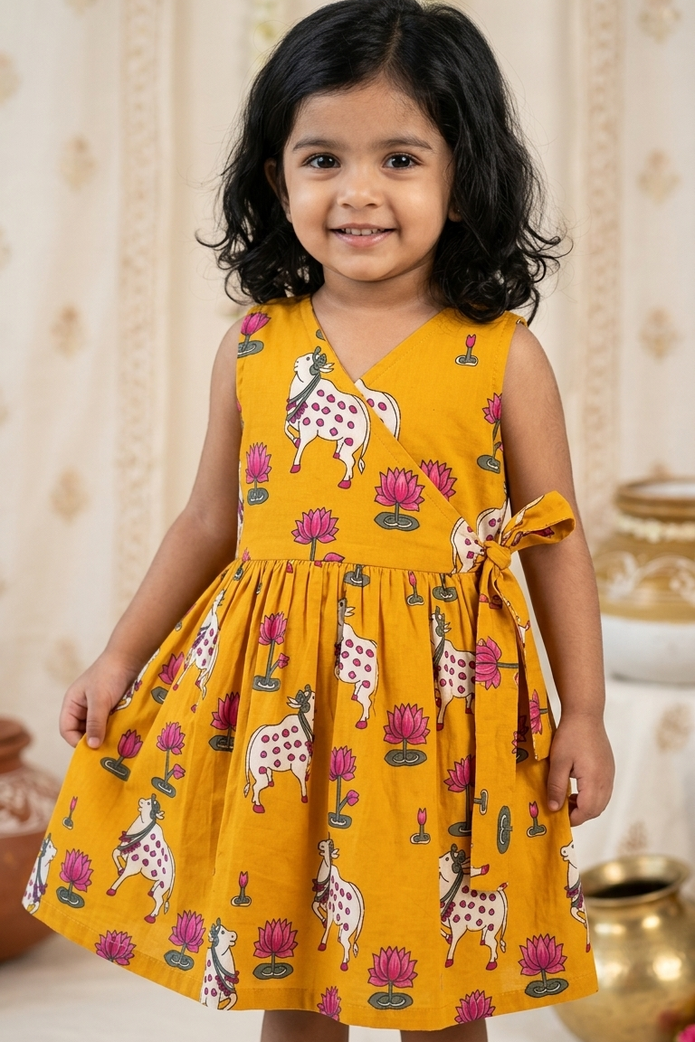 Mustard Pichwai Girls Dress| Pue Cotton