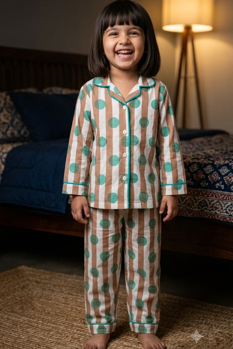 Light Brown Polkadot Nightsuits for kids| Unisex| Pure Cotton