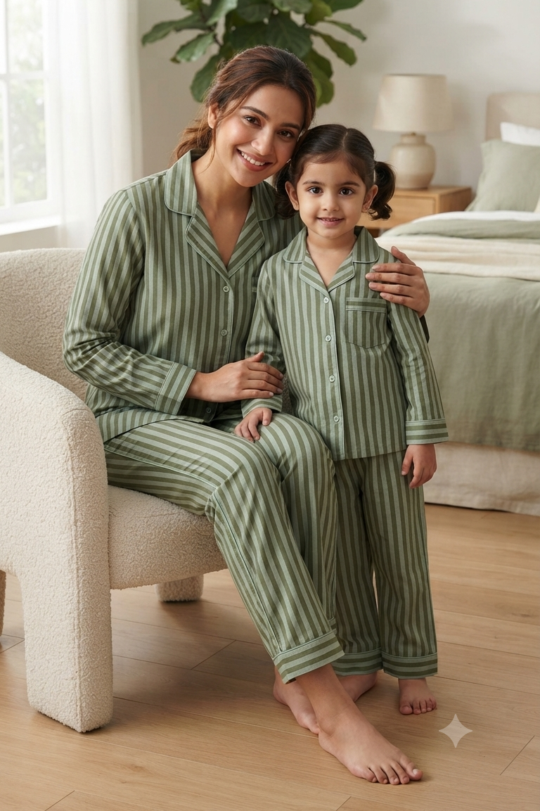 Olive Green Strip Twinning Nightsuit Sets For Mother &  Kids| Pure Cotton