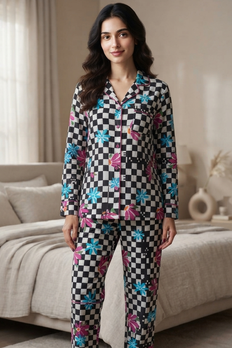 Black Checkerboard Twinning Nightsuit Sets For Mother &  Kids| Pure Cotton