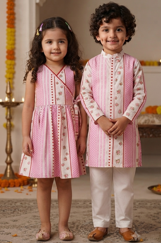 Pink Floral Siblings Twinning Outfit| Pure Cotton