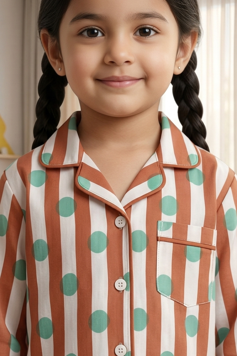 Brown Polka Dot Nightsuits for kids| Unisex| Pure Cotton