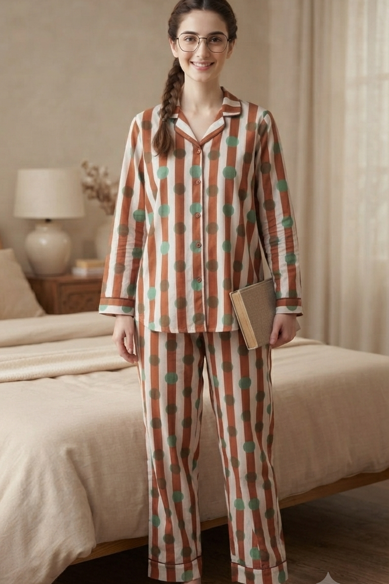 Brown Polka dot Nightsuit For Women| Pure Cotton