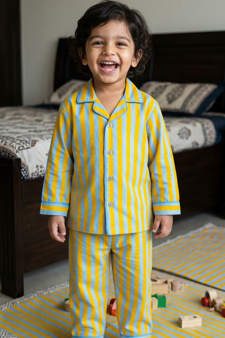 Yellow-Blue Strip  Nightsuits for kids| Unisex| Pure Cotton