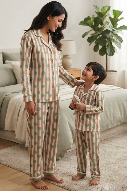 Light Brown Polka Dot Twinning Nightsuit Sets For Mother &  Kids| Pure Cotton
