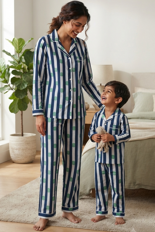 Blue Polka Dot Twinning Nightsuit Sets For Mother &  Kids| Pure Cotton
